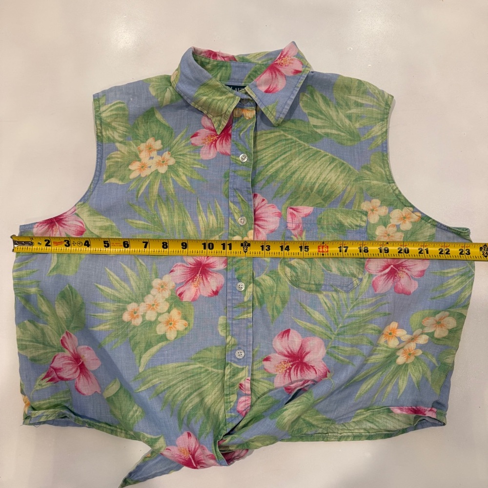Lauren Ralph Lauren Floral Hibiscus Linen Button-Up Tie Top Blue Green Size 14? - Picture 4 of 6